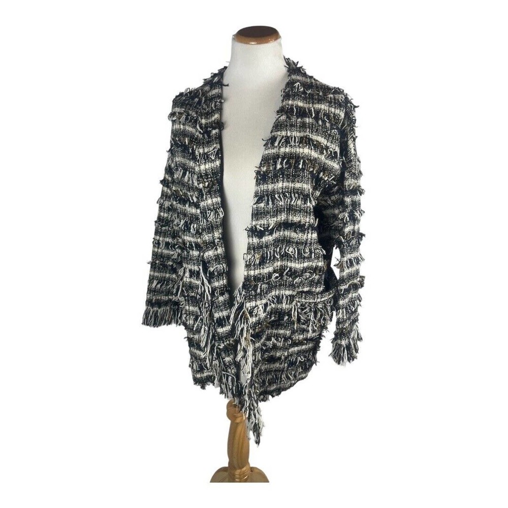 Zara Tweed Open Front Fringe Navy Blazer Jacket S Oversized